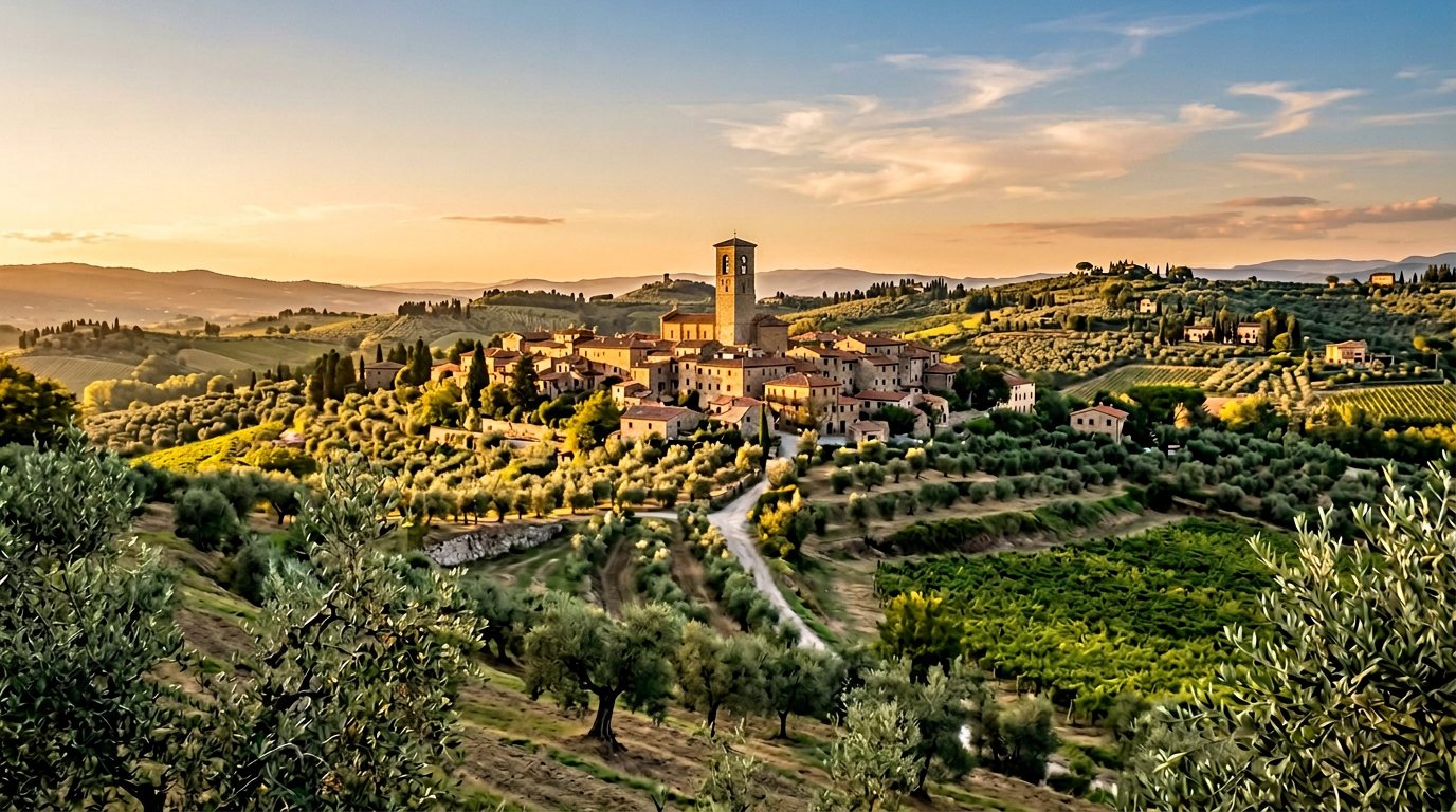 Badia a Passignano vista tra i vigneti del Chianti Classico al tramonto