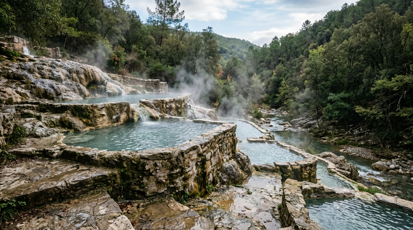 Piscine termali naturali di Petriolo con vapore e acqua sulfurea sul fiume Farma