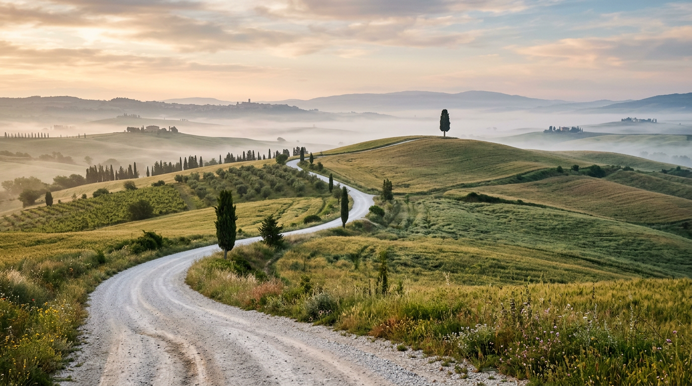 Cipresso solitario nella Val d'Orcia con strada bianca al tramonto