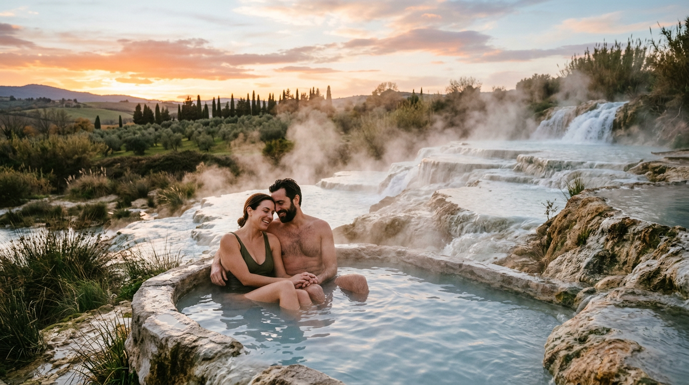 Piscina termale naturale tra colline toscane in autunno