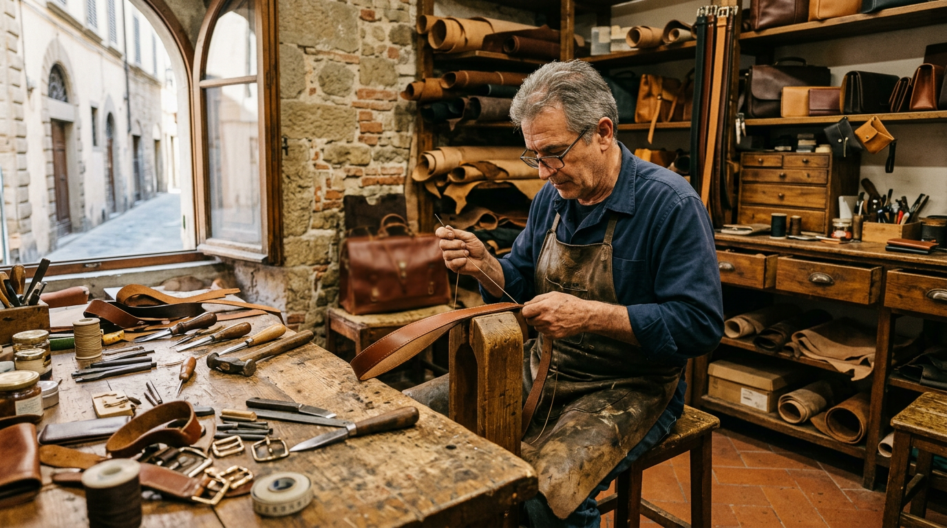 Artigiano che lavora il cuoio a mano in una bottega fiorentina