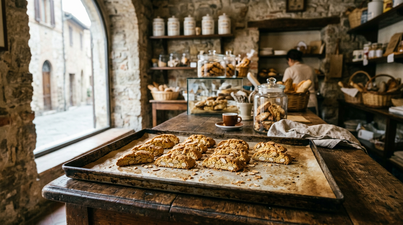 Cantuccini alle mandorle su un tovagliolo di lino con un bicchiere di vin santo