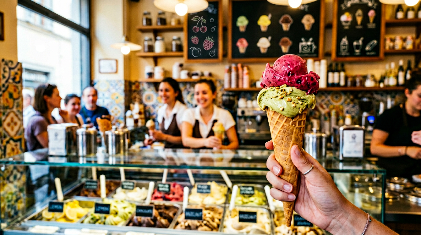 Vaschette di gelato artigianale in una gelateria storica di Firenze