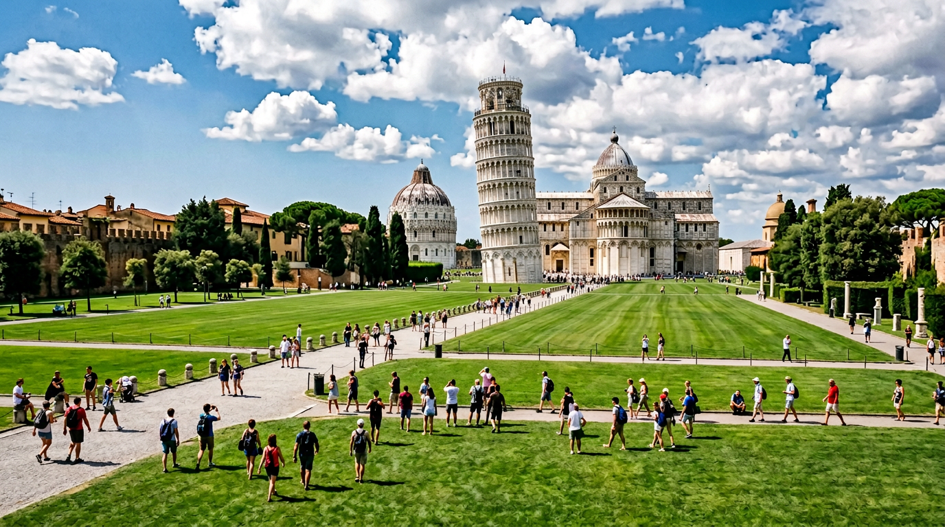 La Torre Pendente di Pisa con il Duomo e il Battistero nel Campo dei Miracoli