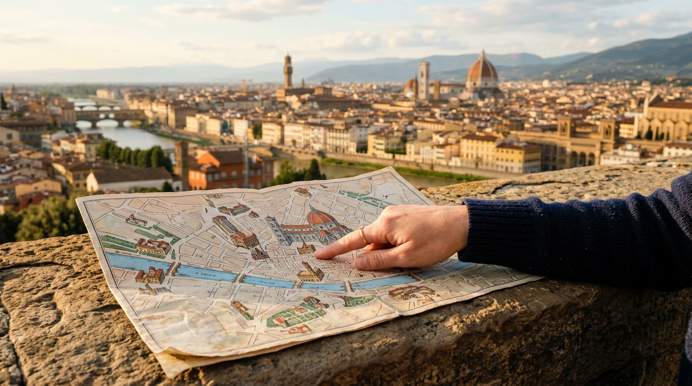 Mappa illustrata del centro storico di Firenze con i principali monumenti