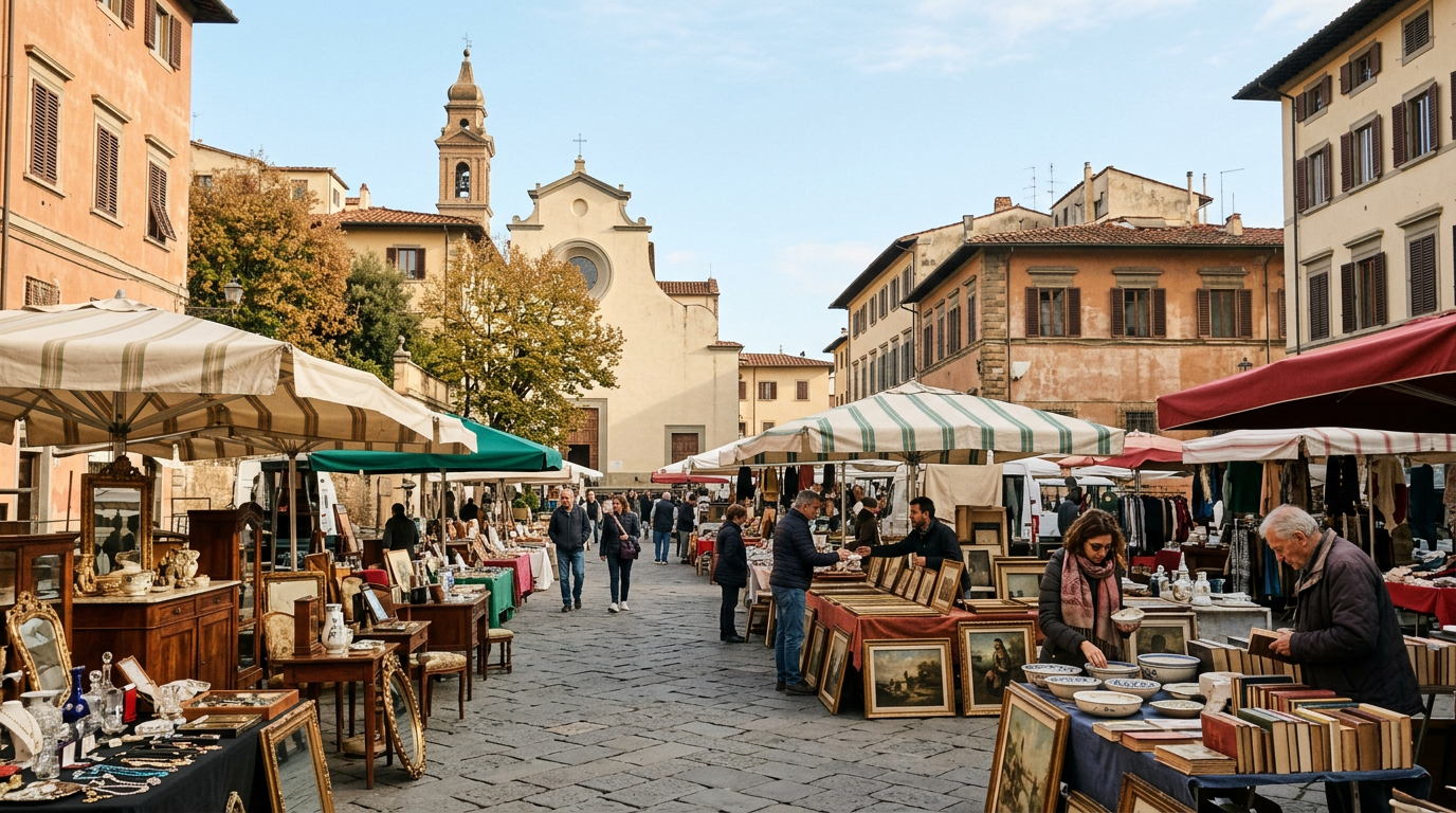Bancarella di antiquariato a piazza dei Ciompi con oggetti vintage e stampe antiche