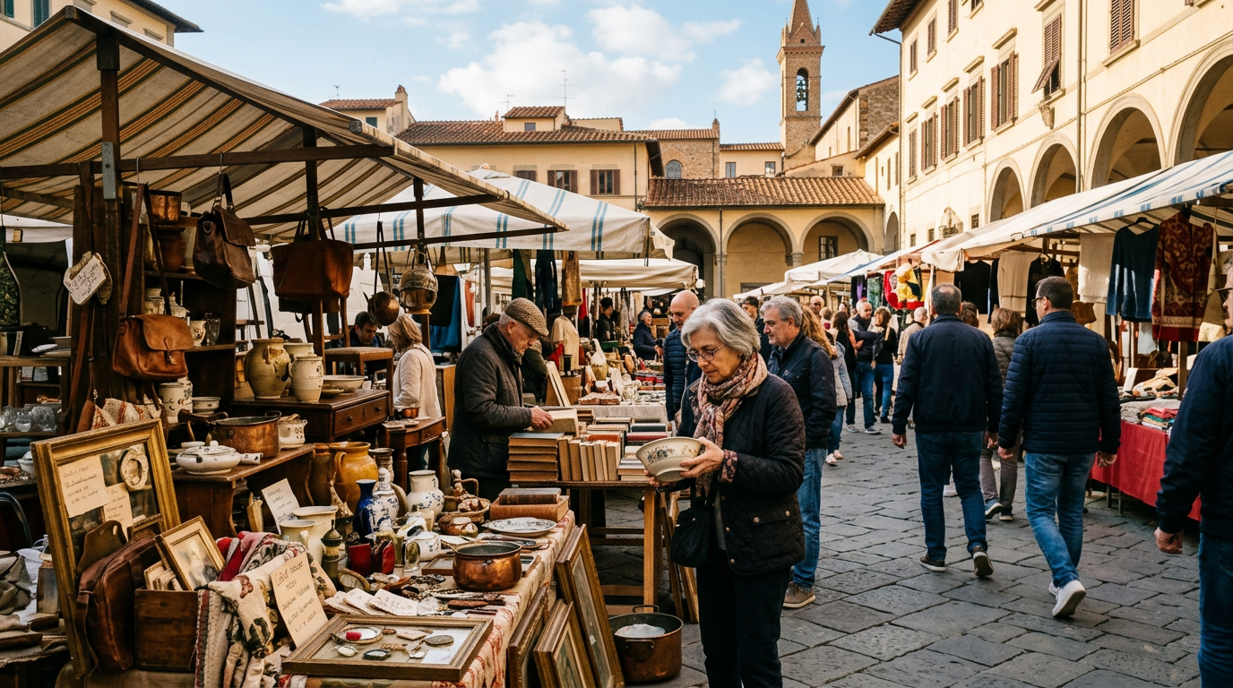 Bancarelle di artigianato al mercato domenicale delle Cascine di Firenze