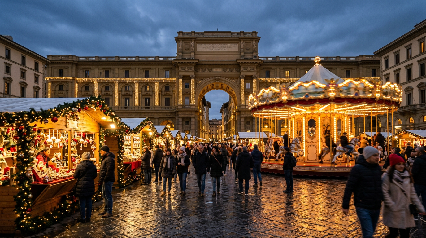 Mercatino di Natale in piazza Santa Croce a Firenze con luminarie