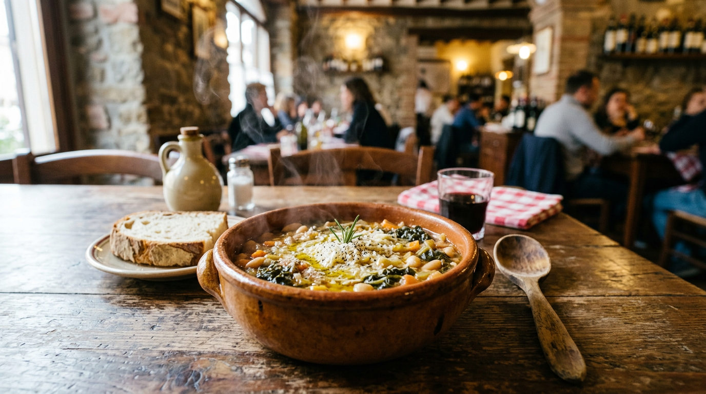Ciotola di ribollita toscana in una trattoria fiorentina con pane toscano