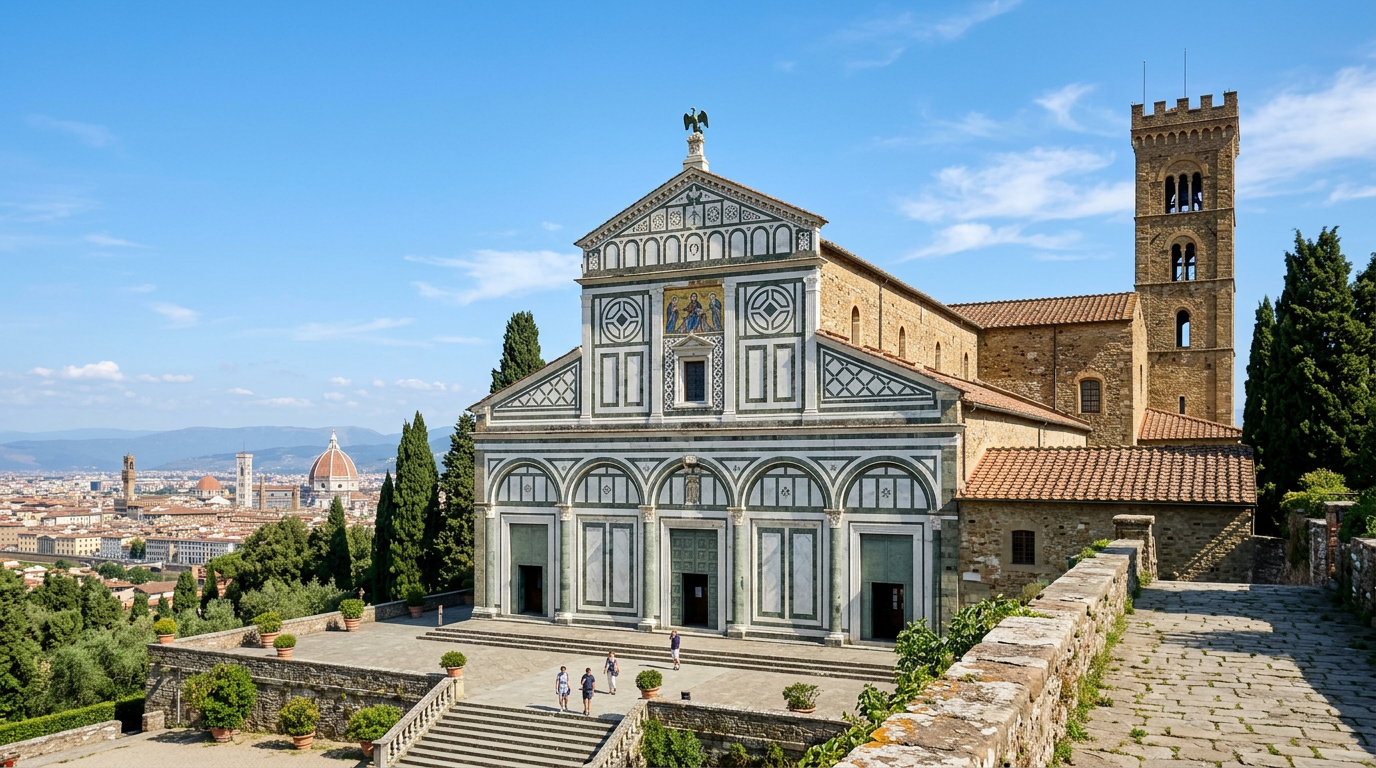 La facciata in marmo verde e bianco della basilica di San Miniato al Monte a Firenze