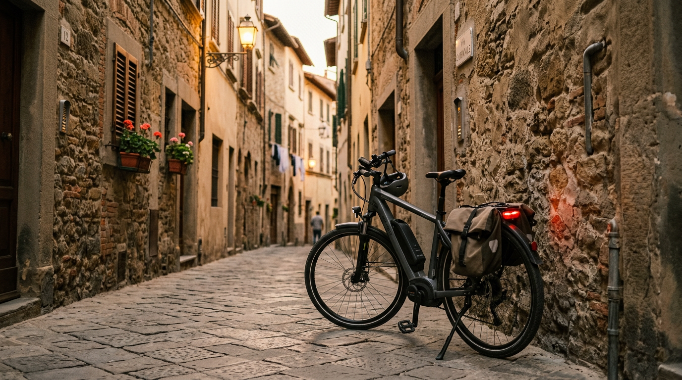 Bici elettrica sul Lungarno di Firenze con vista sull'Arno