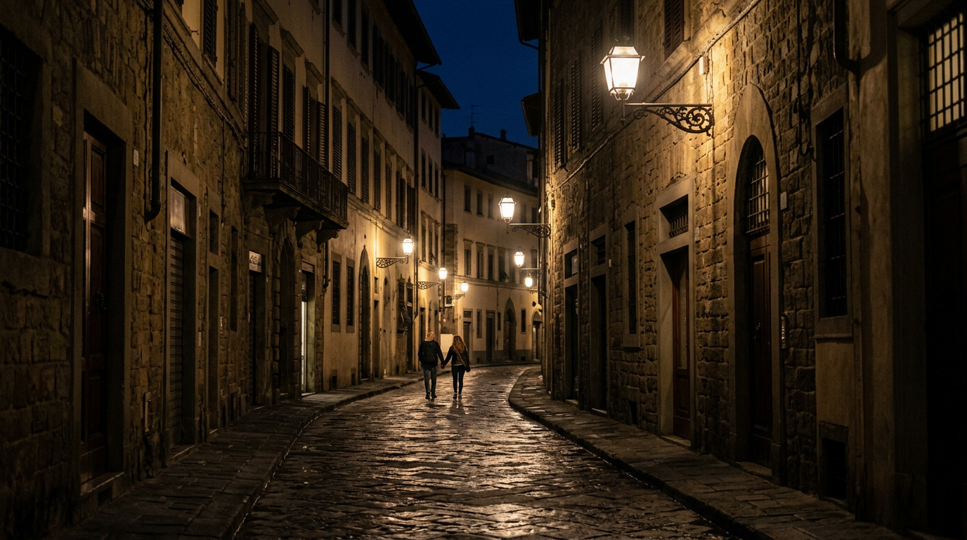 Il Lungarno di Firenze illuminato di sera con il riflesso sull'Arno