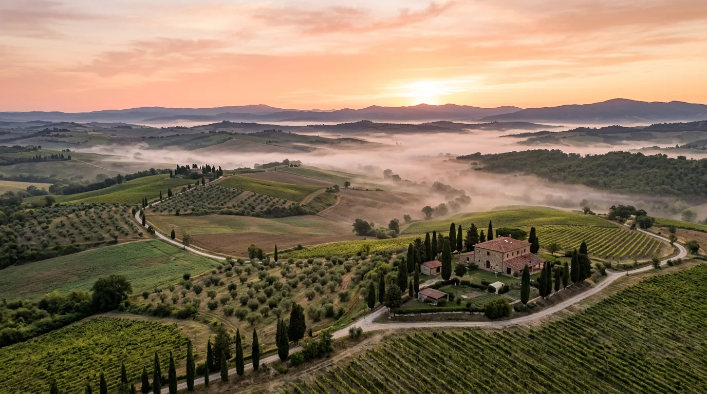 Panorama delle colline toscane con cipressi e vigneti al tramonto