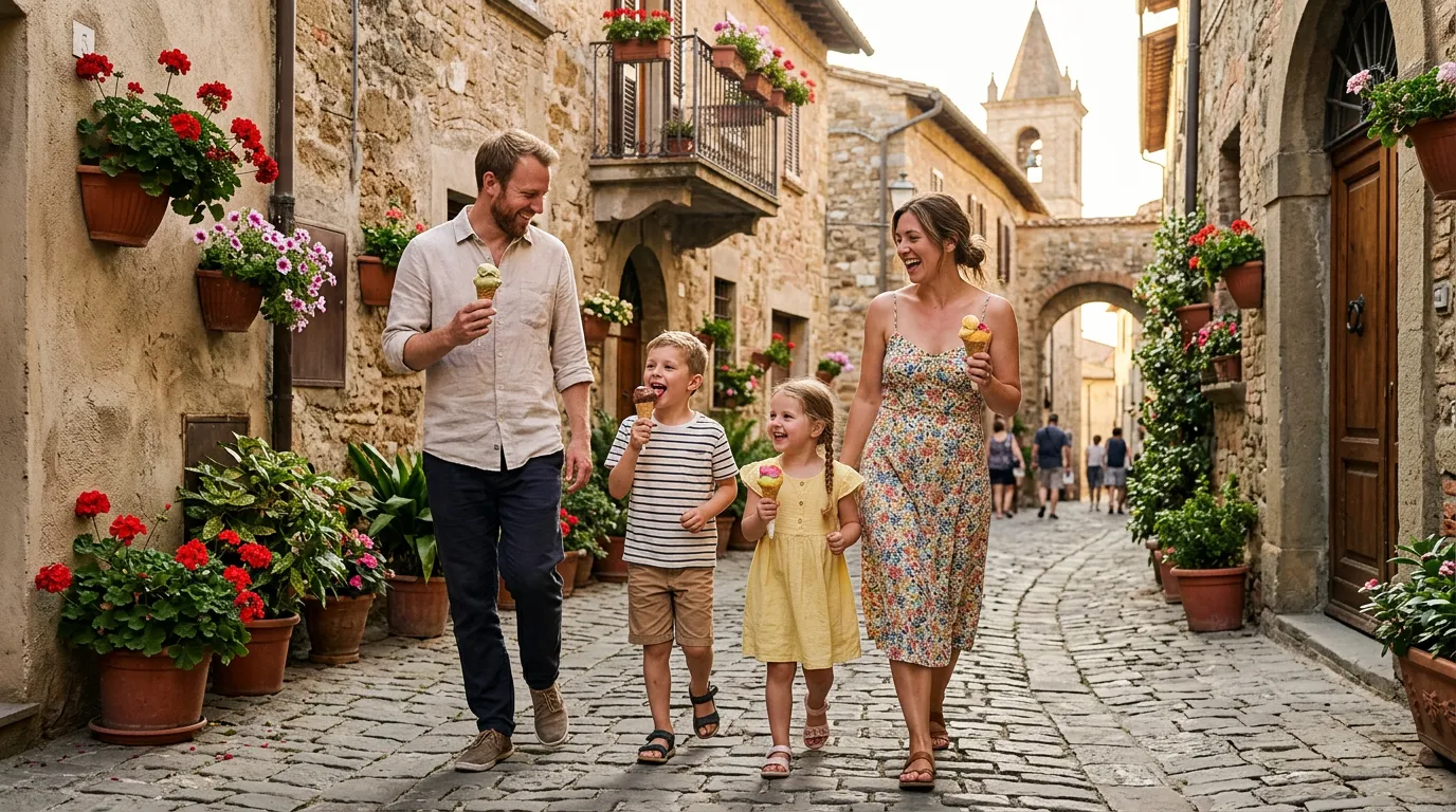 Bambini che corrono tra i campi di girasoli in Toscana