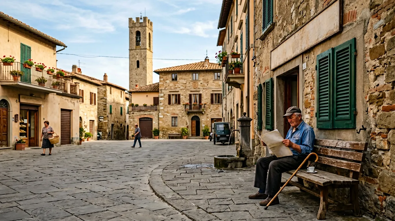 Vista del borgo medievale di Barberino Val d'Elsa con le colline toscane sullo sfondo