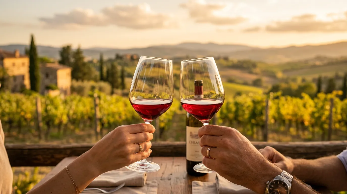 Panorama della Val d'Elsa con colline, vigneti e cipressi in una giornata di sole