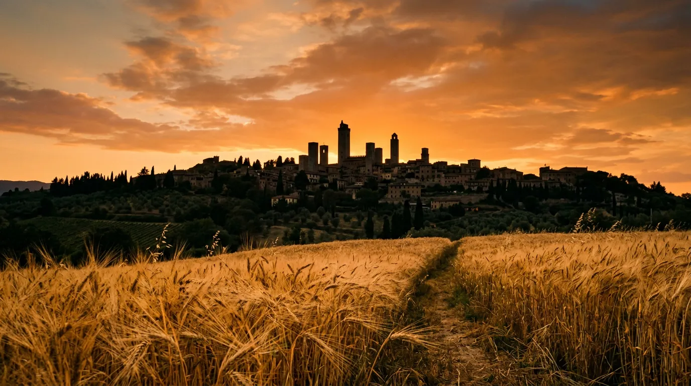 Collage di Piazza del Campo a Siena e le torri di San Gimignano in un itinerario toscano