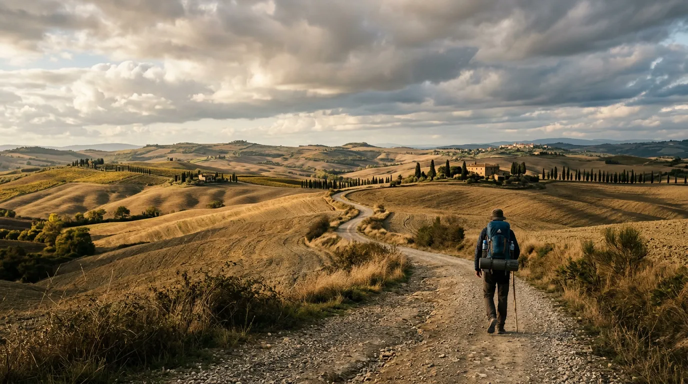 Pellegrini sulla Via Francigena in Toscana tra colline, cipressi e strade bianche